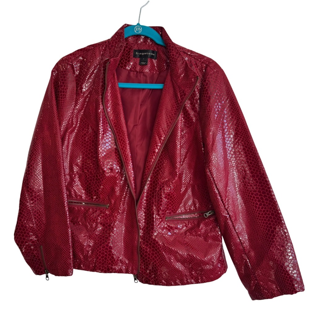 Bagatelle Red Snake Print Faux Leather Moto Jacket Women's Large‎